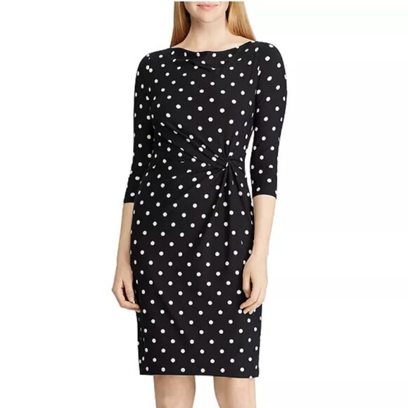 Lauren Ralph Lauren Polka Dot Twist-Front Jersey Shift Cowl-Neck Dress - Size 4 - Picture 1 of 12